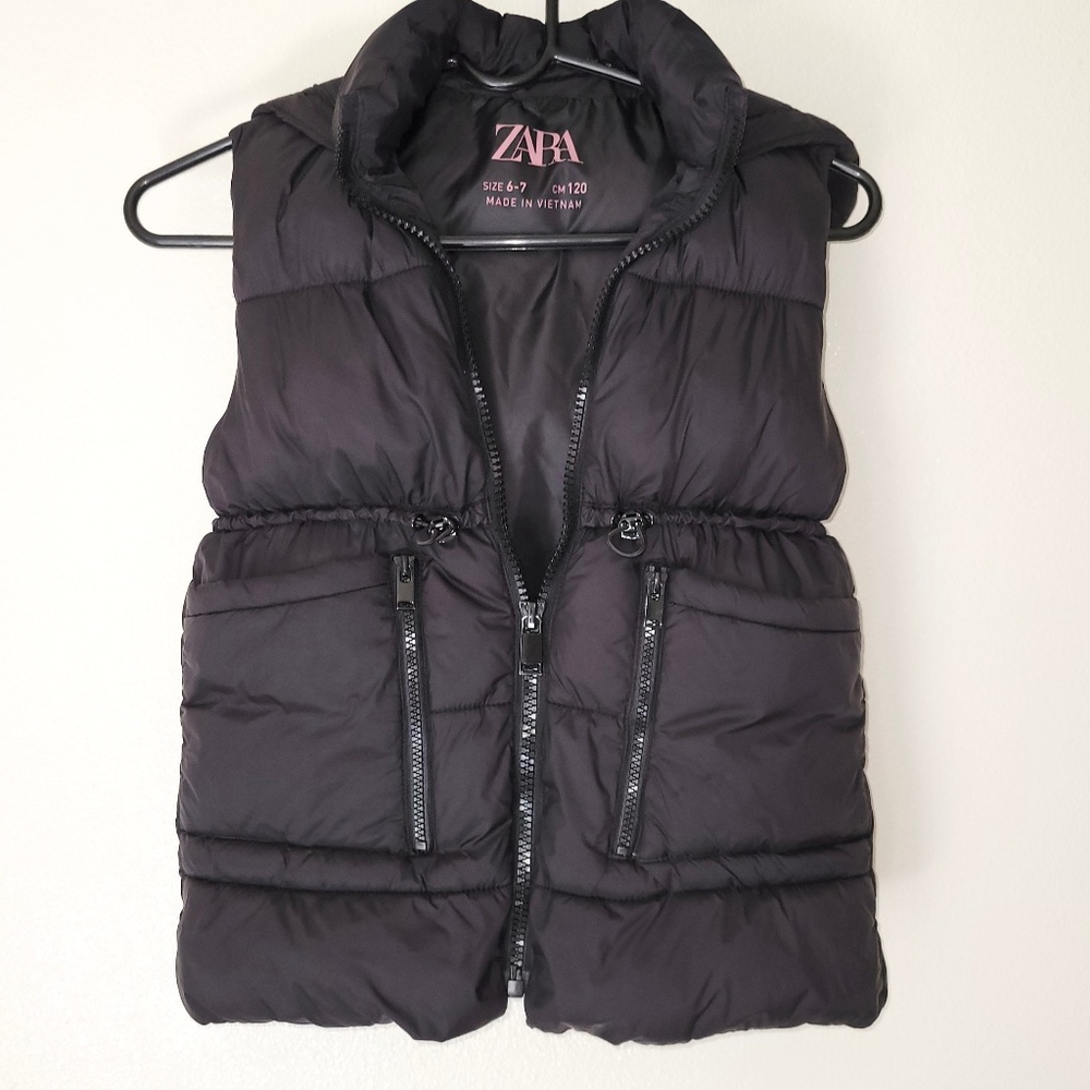 Zara Girls 6-7 Black Puff Sleeveless Vest Jacket Full Zip